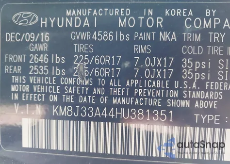 2017 Hyundai Tucson Se Plus from USA, damaged, VIN KM8J33A44HU381351